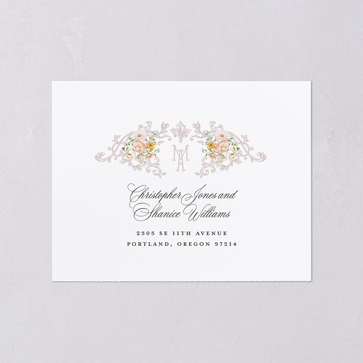Elegant Floral Regency All-in-One Wedding Invitations Pink Cotton Signature Light Both Recipient and Return Addresses No