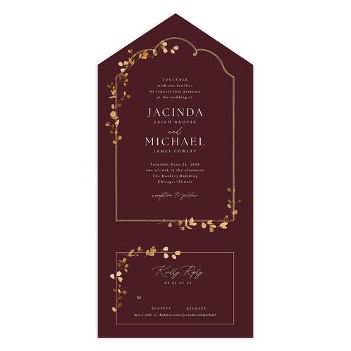 Fairytale Eucalyptus Foil All-in-One Wedding Invitations Burgundy Signature Light Both Recipient and Return Addresses No