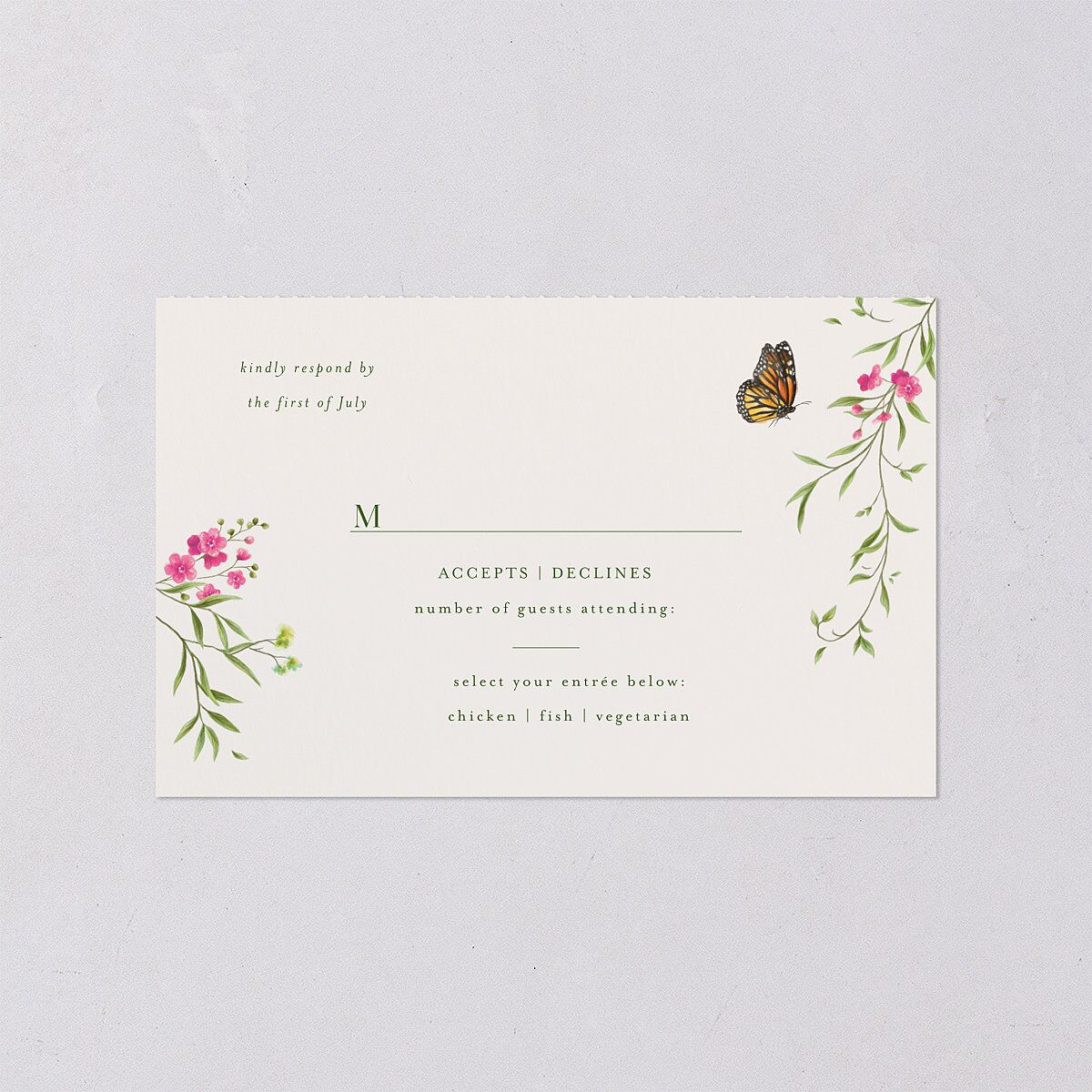Rustic Butterflies All-in-One Wedding Invitations Scottish Green Signature Light Both Recipient and Return Addresses No
