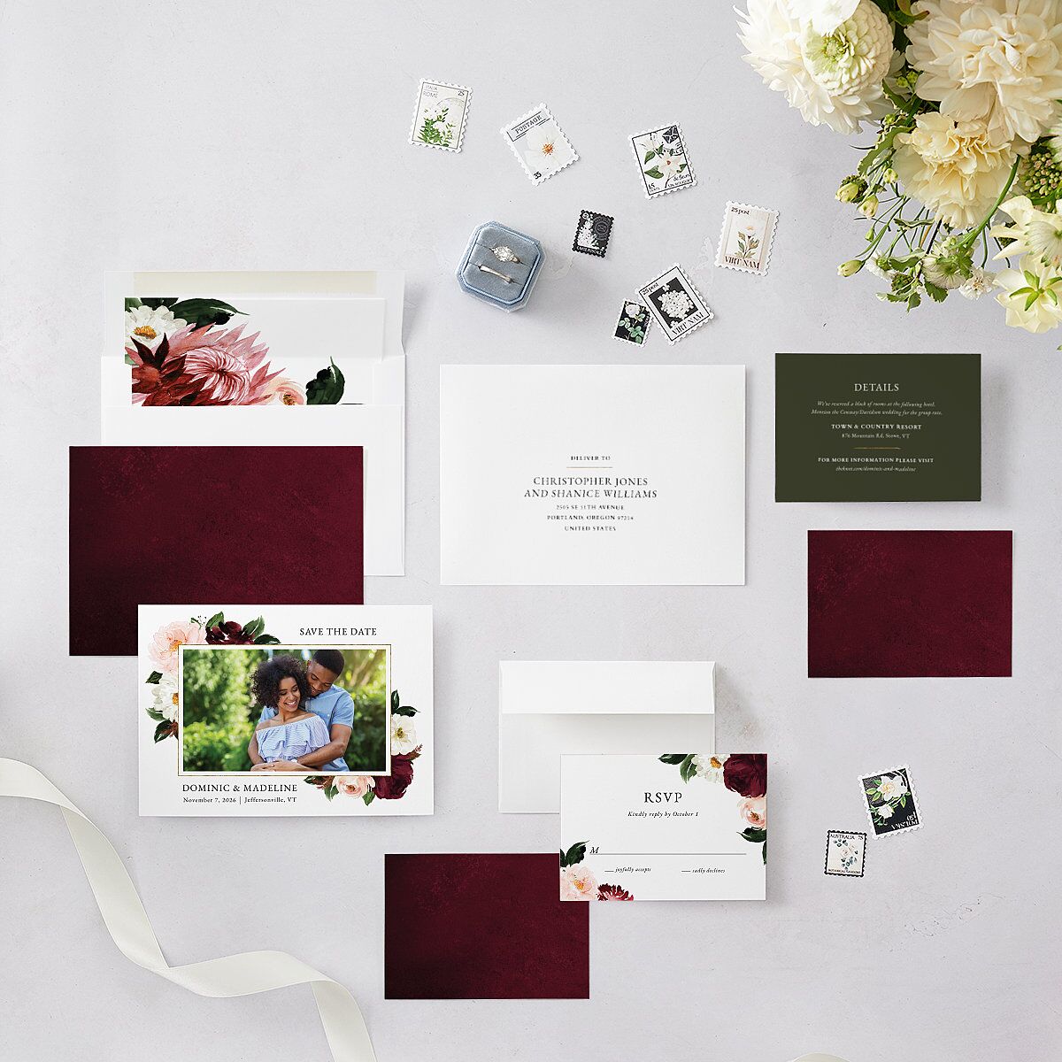 Striking Blooms Save The Date Cards Burgundy Signature smooth Blank No Standard