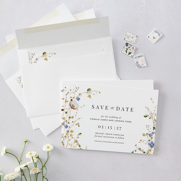 Glistening Wildflower Save the Date Cards Gold Pure White Signature smooth Blank No Standard