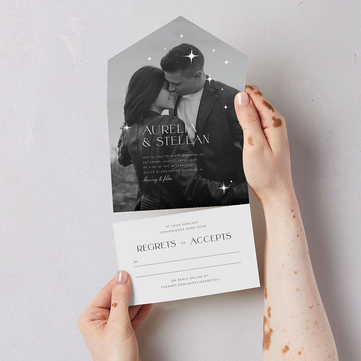 Starry Photo All-in-One Wedding Invitations Midnight Signature Light Both Recipient and Return Addresses No