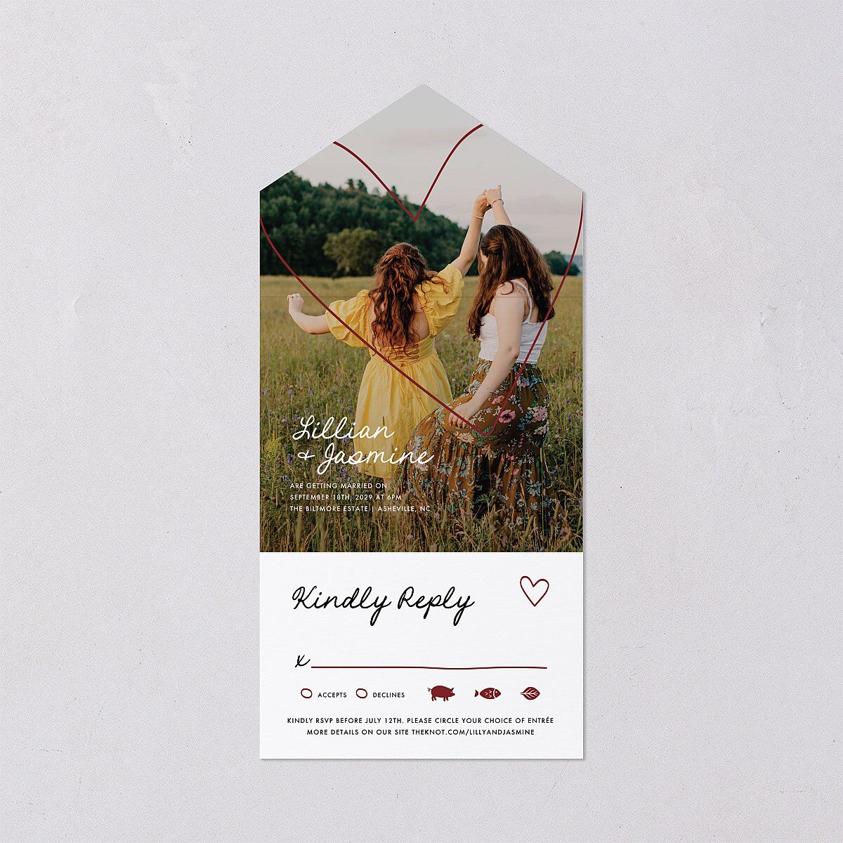 Hand Drawn Heart Photo All-in-One Wedding Invitations Maroon Signature Light Both Recipient and Return Addresses No