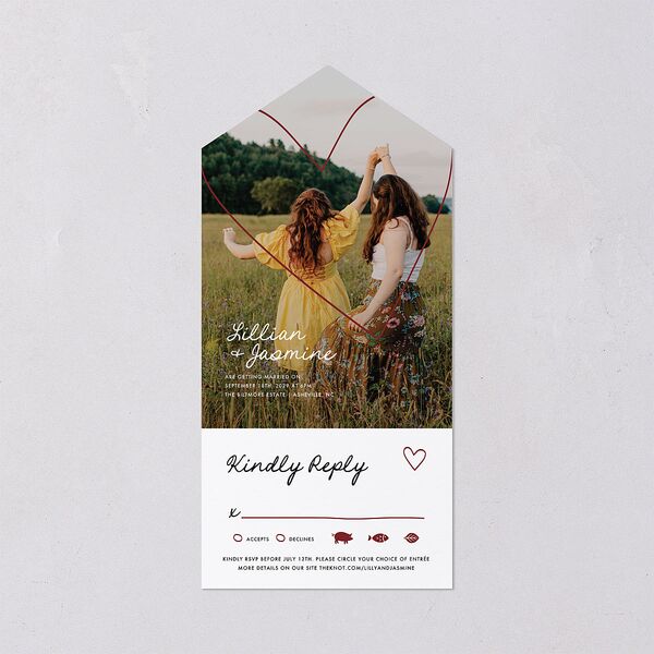 Hand Drawn Heart Photo All-in-One Wedding Invitations Maroon Signature Light Both Recipient and Return Addresses No