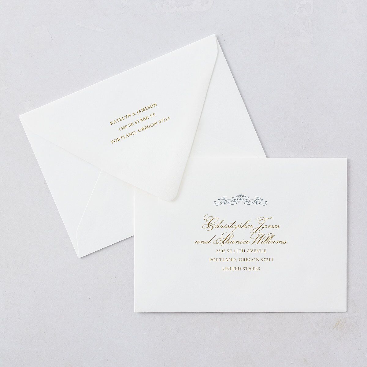 Romantic Rococo Save The Date Card Euro Envelopes White Dusty Blue Both Recipient and Return Addresses Luxe Signature