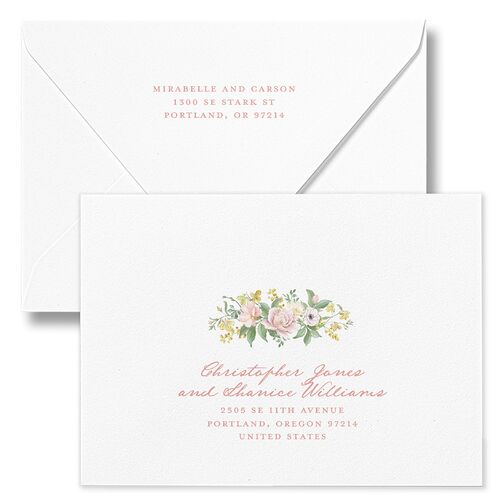 Maximalist Floral Crest Wedding Invitation Euro Envelopes White Pink Cotton Both Recipient and Return Addresses Luxe Signature