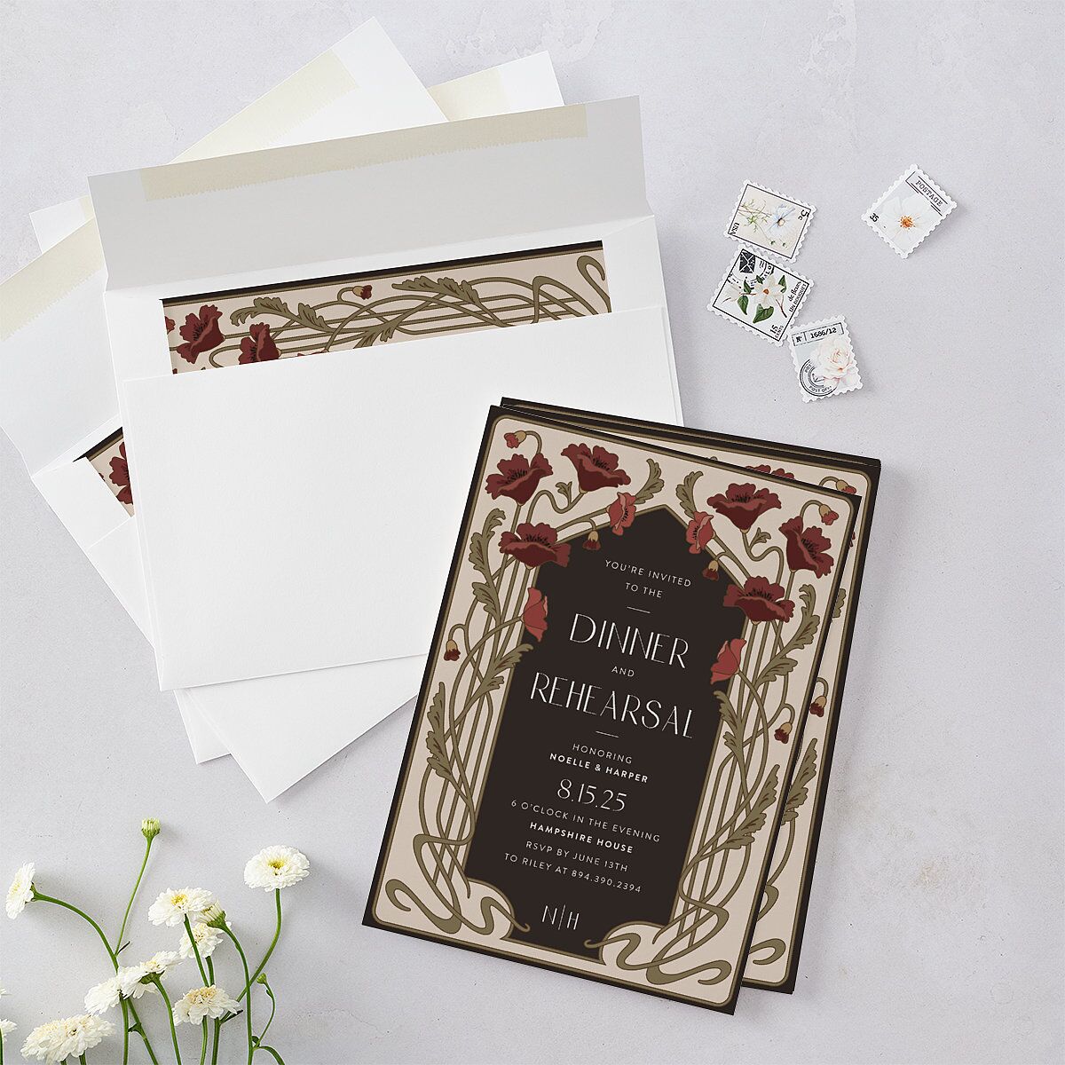 Vintage Nouveau Floral Rehearsal Dinner Invitations Merlot Signature Blank Standard