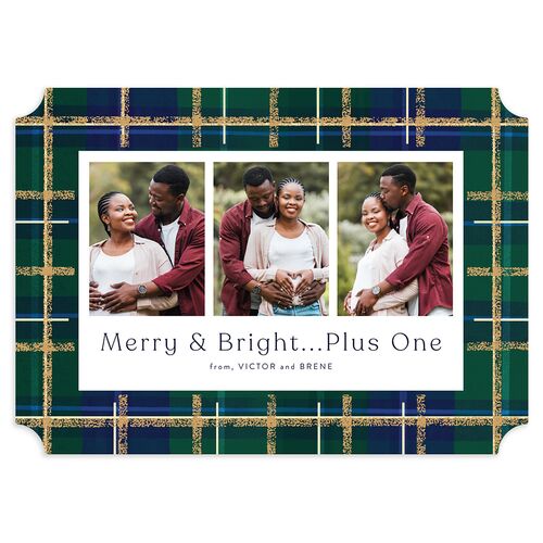 Merry and Bright Plus One Plaid Pattern Holiday Cards Navy Signature Blank Ticket Portrait