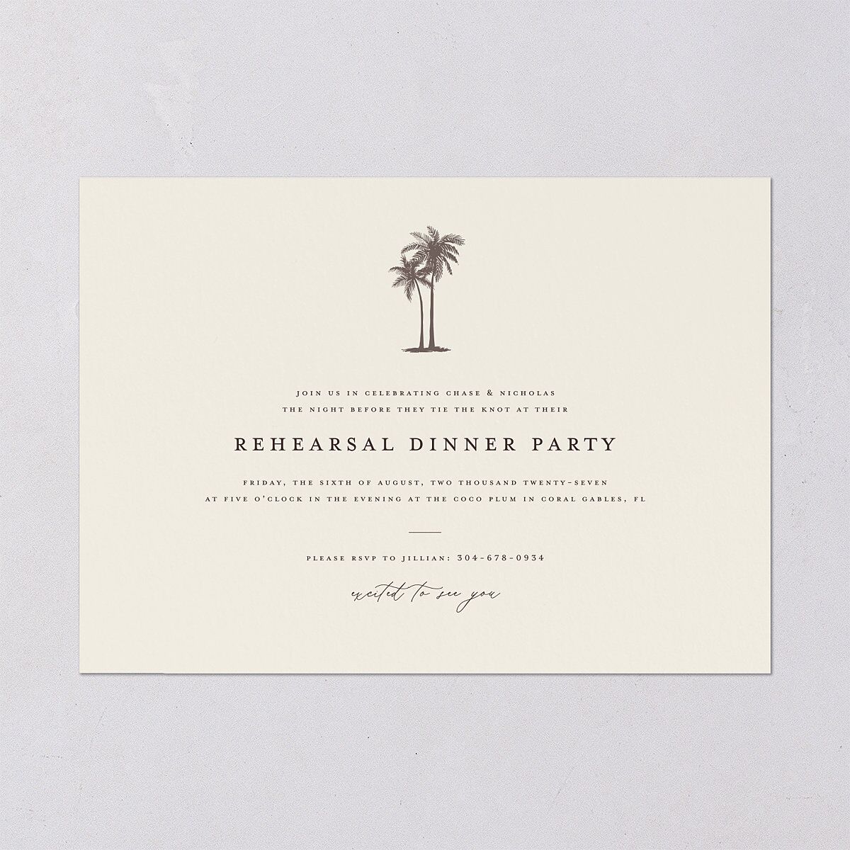 Palm Tree Icon Rehearsal Dinner Invitations Champagne Signature Blank Standard