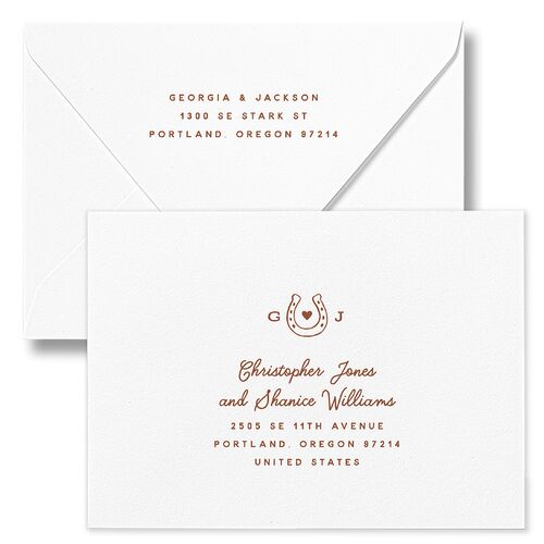 Western I Do BBQ Bridal Shower Invitation Euro Envelopes White Saddle Both Recipient and Return Addresses Luxe Signature