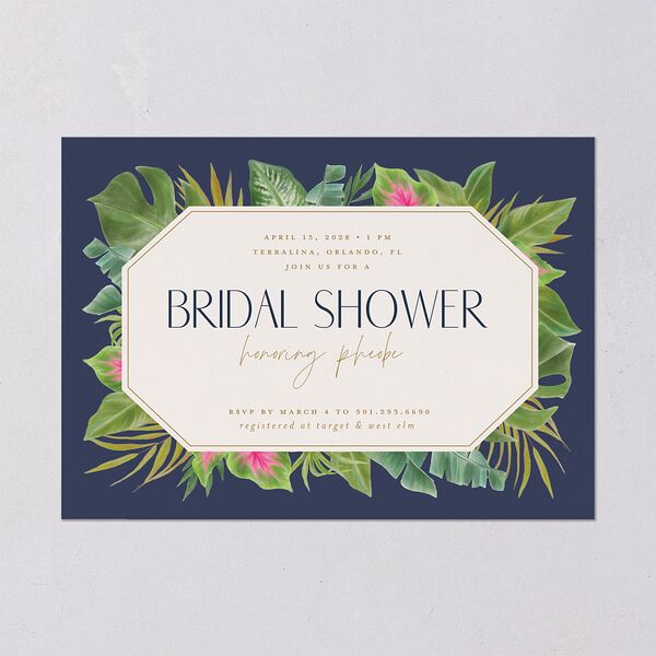 Hawaiian Tropical Monstera Frame Bridal Shower Invitations Moody Blue Signature Blank Standard