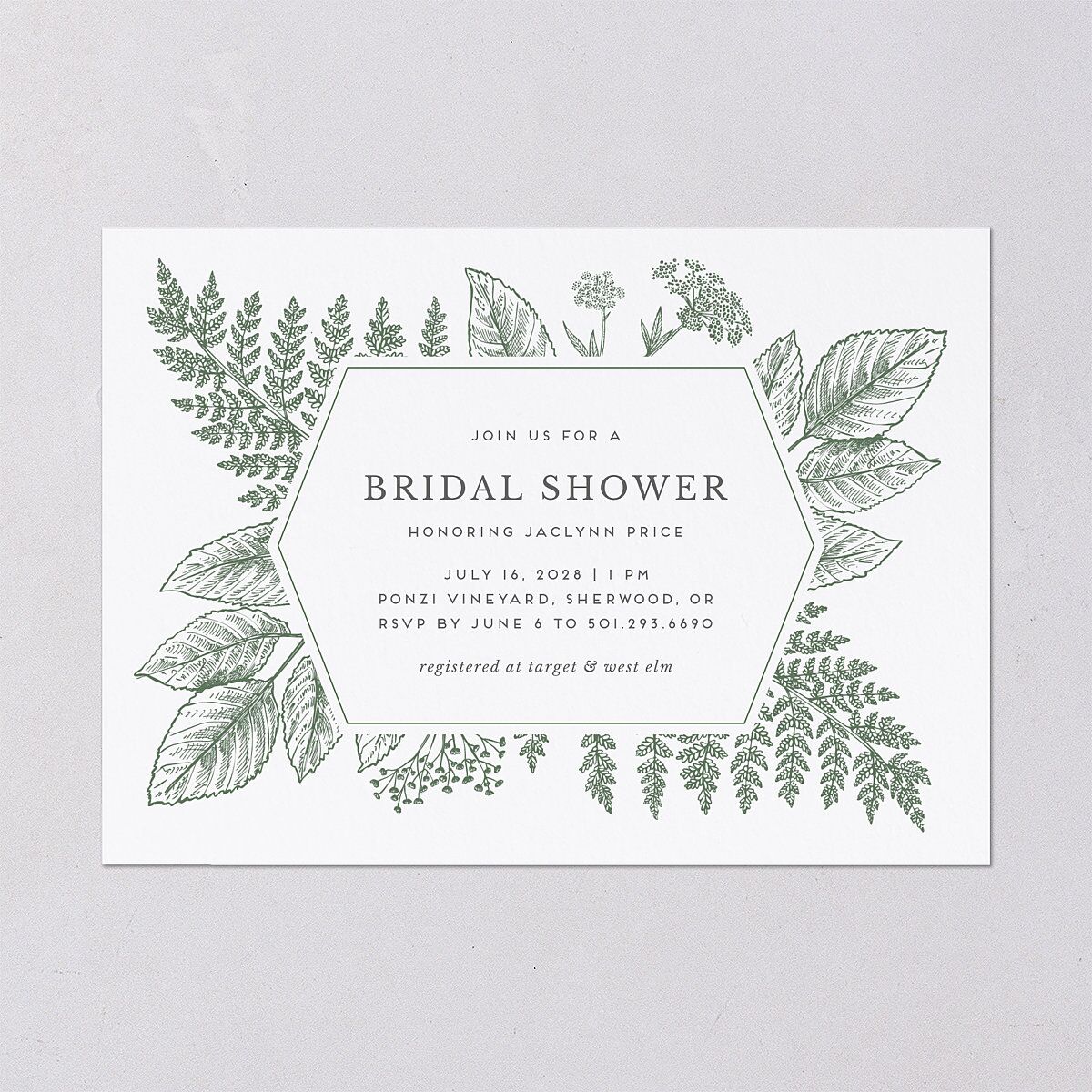 Botanical Frame Bridal Shower Invitations Hunter Green Signature Blank Standard