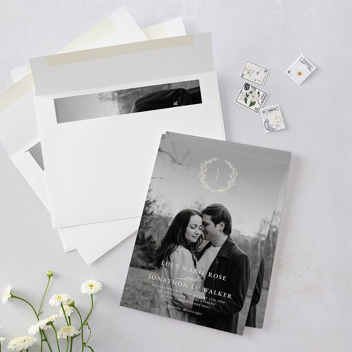 Branches Monogram Wedding Invitations Linen Signature Blank No Standard