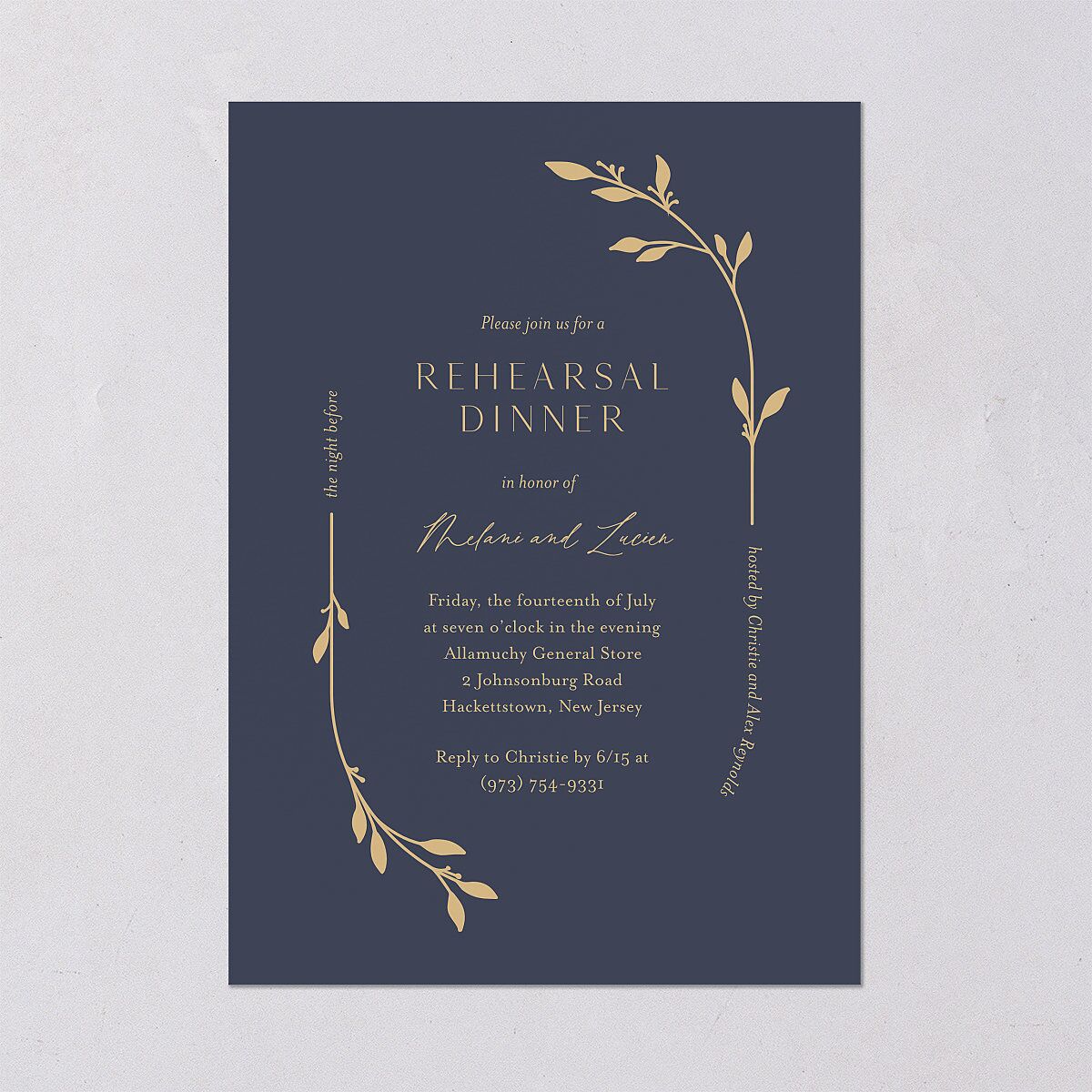 Gilded Sprigs Rehearsal Dinner Invitations Moody Blue Signature Blank Standard
