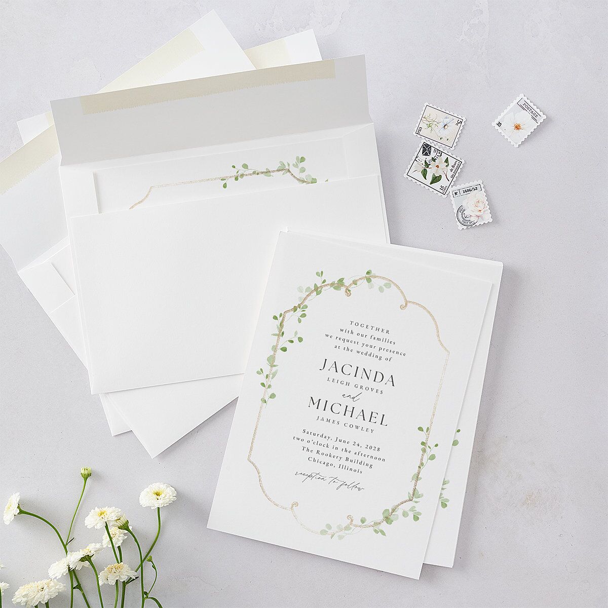 Fairytale Eucalyptus Foil Wedding Invitations Pure White Gold Signature Blank No Standard