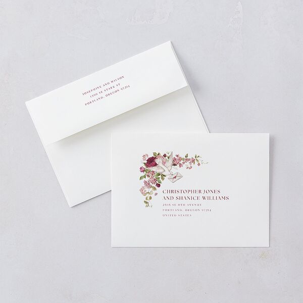 Vintage Love Doves Rehearsal Dinner Invitation Envelopes Shell Pink White Both Recipient and Return Addresses Signature Standard