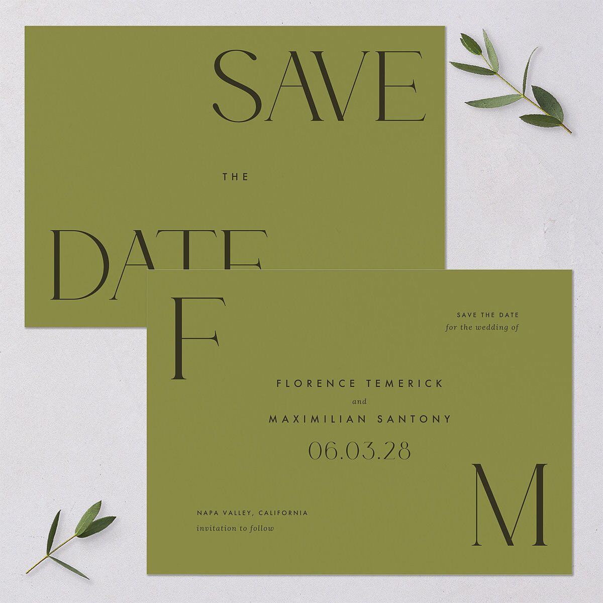 Modern Initials Save The Date Cards Olive Signature smooth Blank No Standard