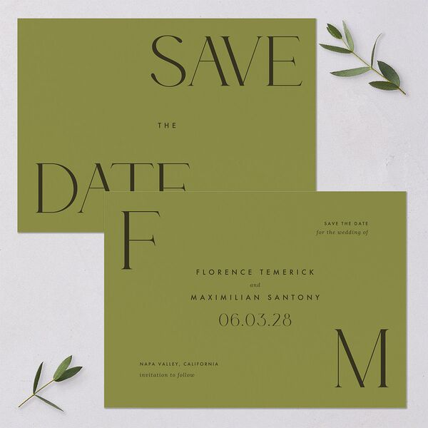 Modern Initials Save The Date Cards Olive Signature smooth Blank No Standard