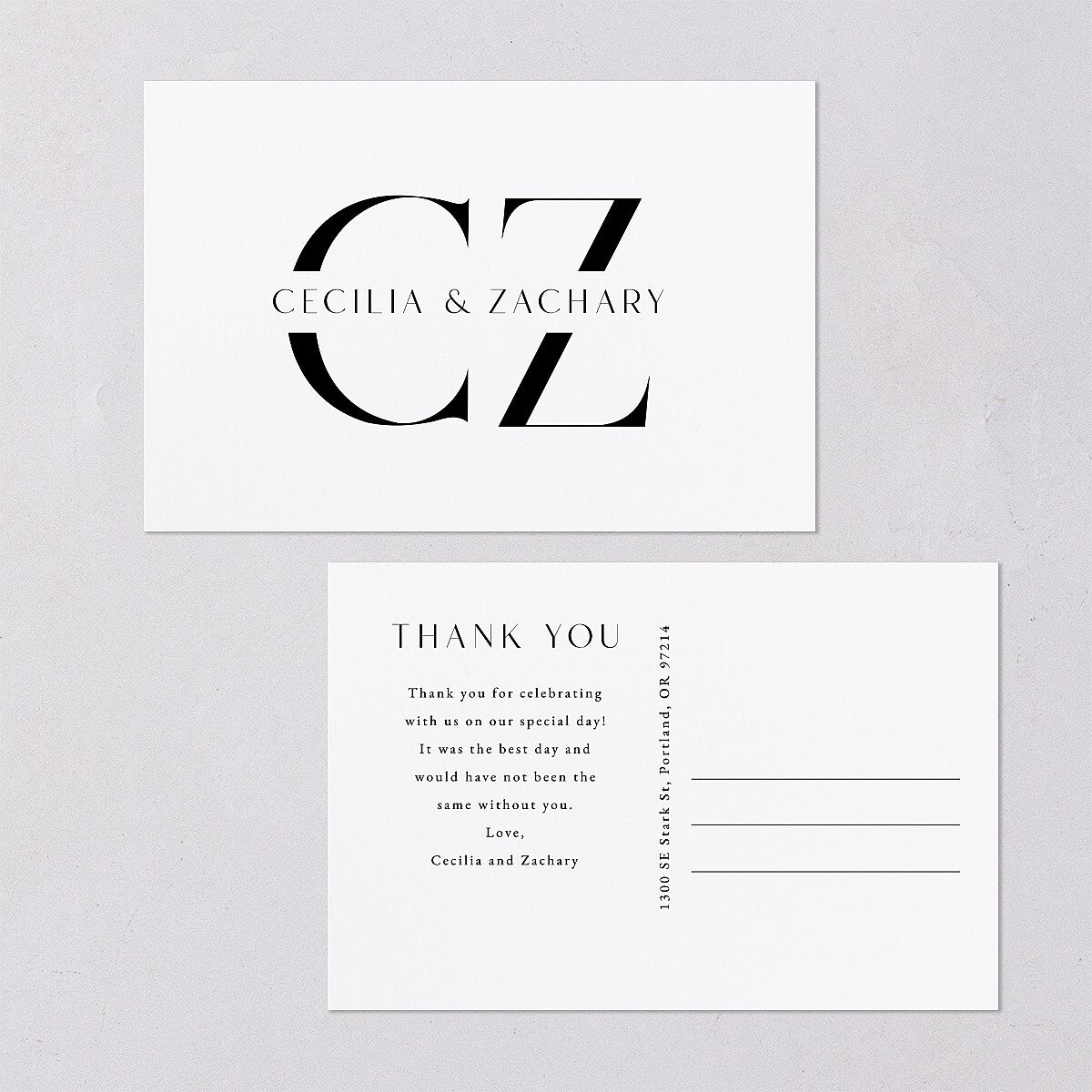 Simple Modern Monogram Thank You Postcards — view 1