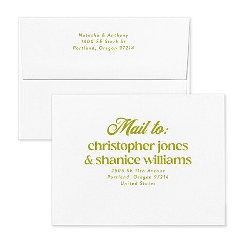 Modern Retro Type Save the Date Petite Card Envelopes White Brass Both Recipient and Return Addresses Signature Standard