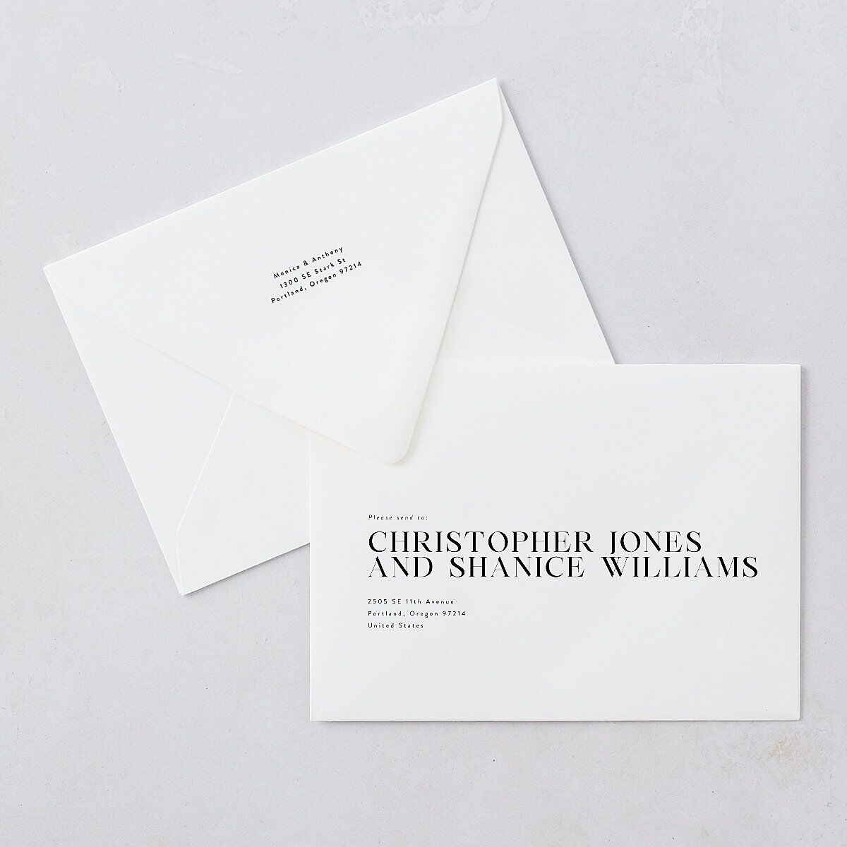 Simple Editorial Photo Rehearsal Dinner Invitation Euro Envelopes Pure White White Both Recipient and Return Addresses Luxe Signature