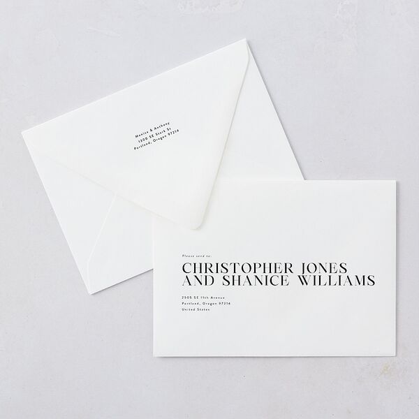 Simple Editorial Photo Rehearsal Dinner Invitation Euro Envelopes Pure White White Both Recipient and Return Addresses Luxe Signature
