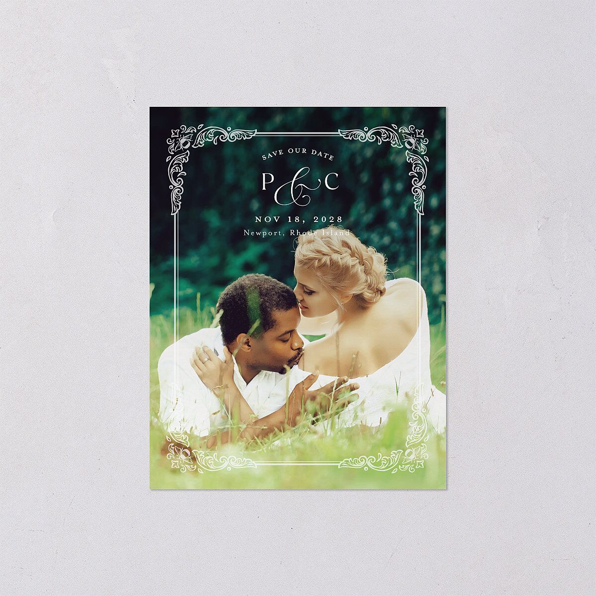 Glamorous Crown Monogram Crest Save the Date Petite Cards by Bridgerton Deep Lake Signature smooth Blank No Standard