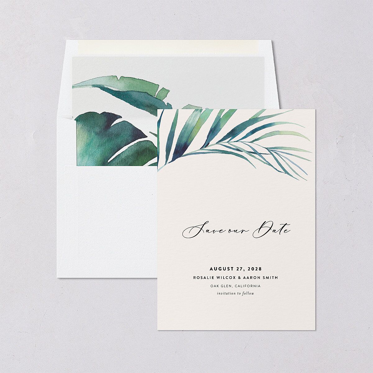 Palm and Protea Save The Date Cards Sky Signature smooth Blank No Standard