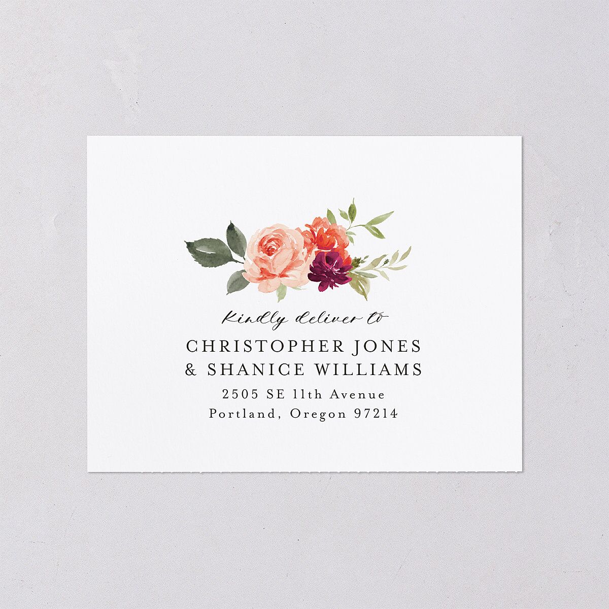 Vibrant Floral All-in-One Wedding Invitations Deep Claret Signature Light Both Recipient and Return Addresses