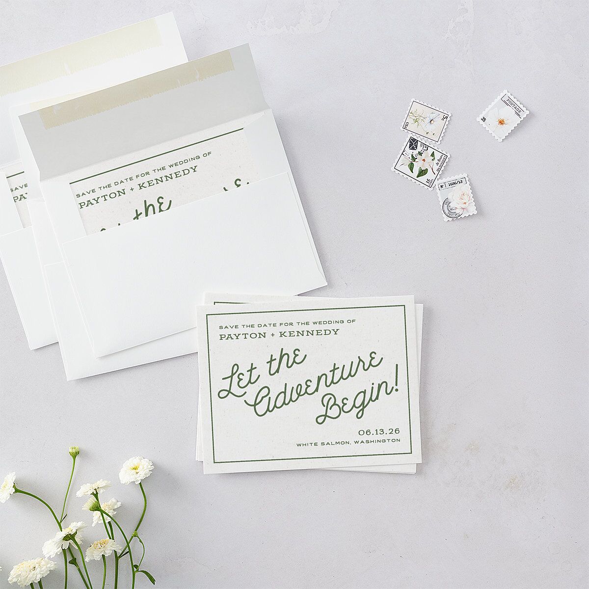 Happy Campers Save the Date Petite Cards Deep Olive Signature smooth Blank No Standard