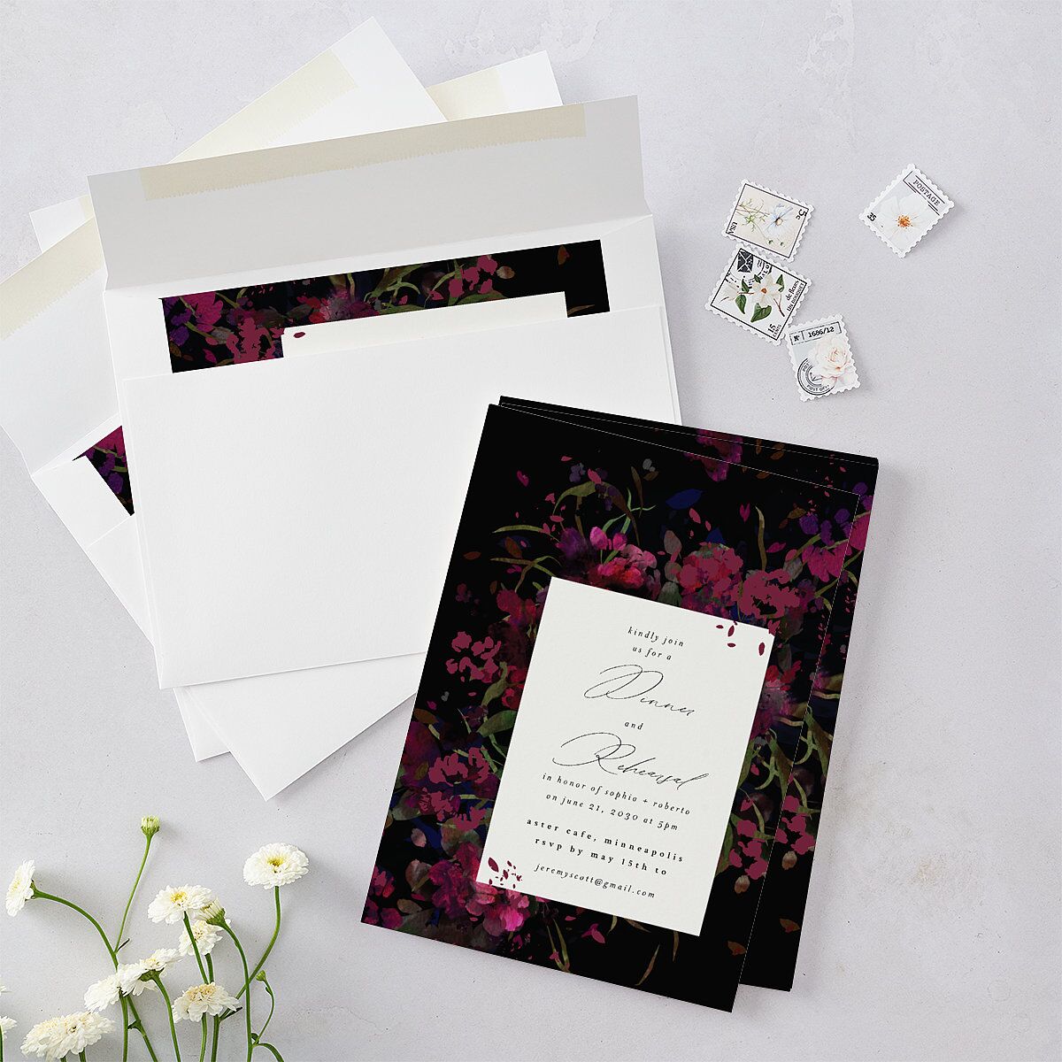 Midnight Floral Rehearsal Dinner Invitations Raspberry Signature Blank Standard