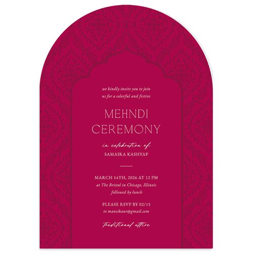 Gilded Lehenga Bridal Shower Invitations Raspberry Signature smooth Blank Arch