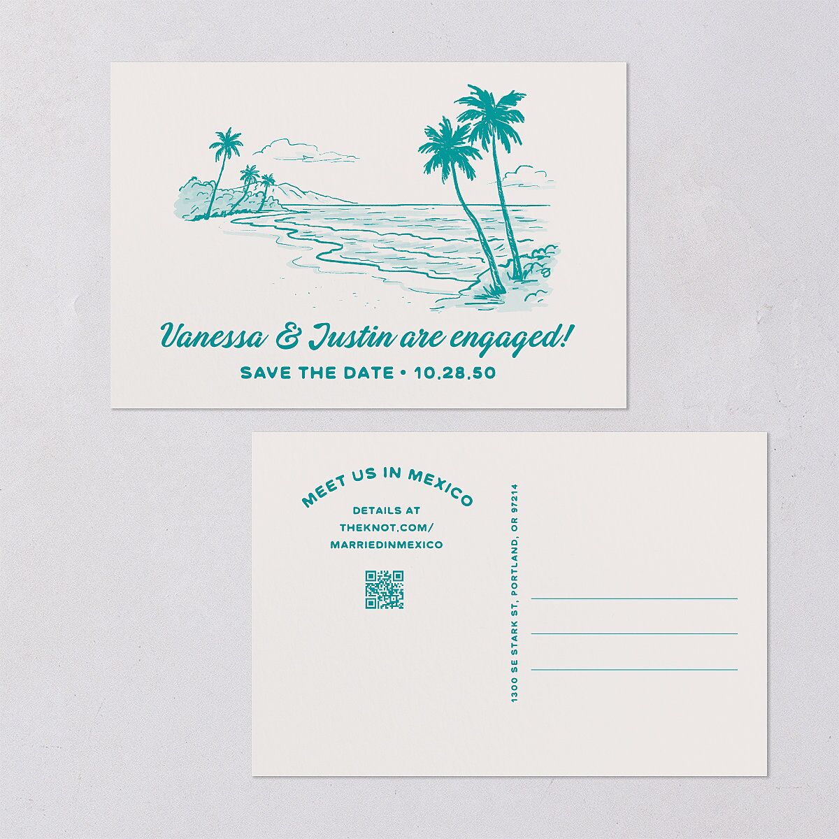Illustrated Retro Coastal Beach Save the Date Postcards Turquoise