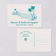 Illustrated Retro Coastal Beach Save the Date Postcards Turquoise