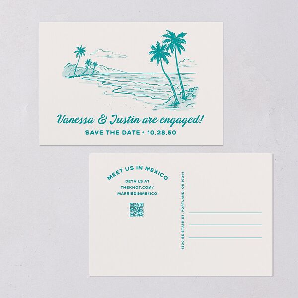 Illustrated Retro Coastal Beach Save the Date Postcards Turquoise