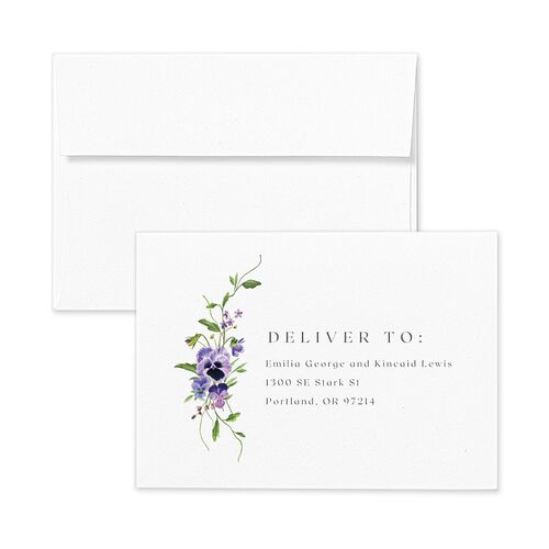 Wild Pansies Response Card Envelopes White Dusty Blue Return Address Signature Standard