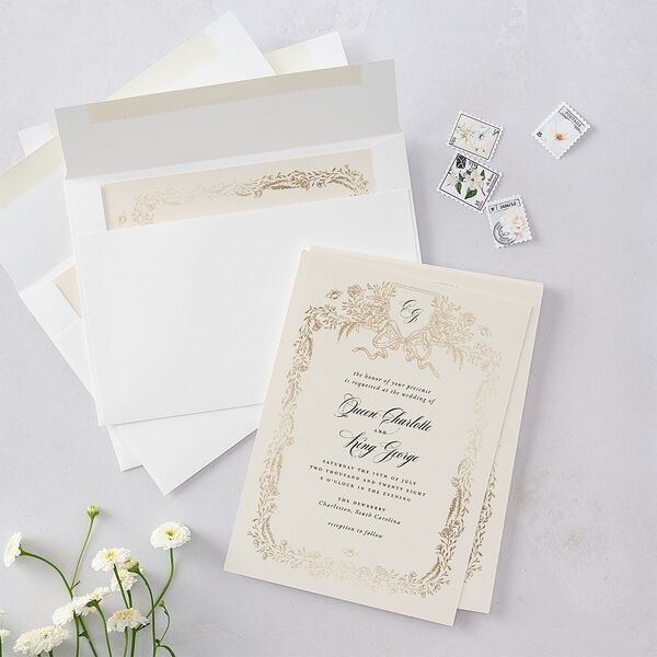 Rose Garden Crest Wedding Invitations by Bridgerton Gold Taupe Signature Blank No Standard