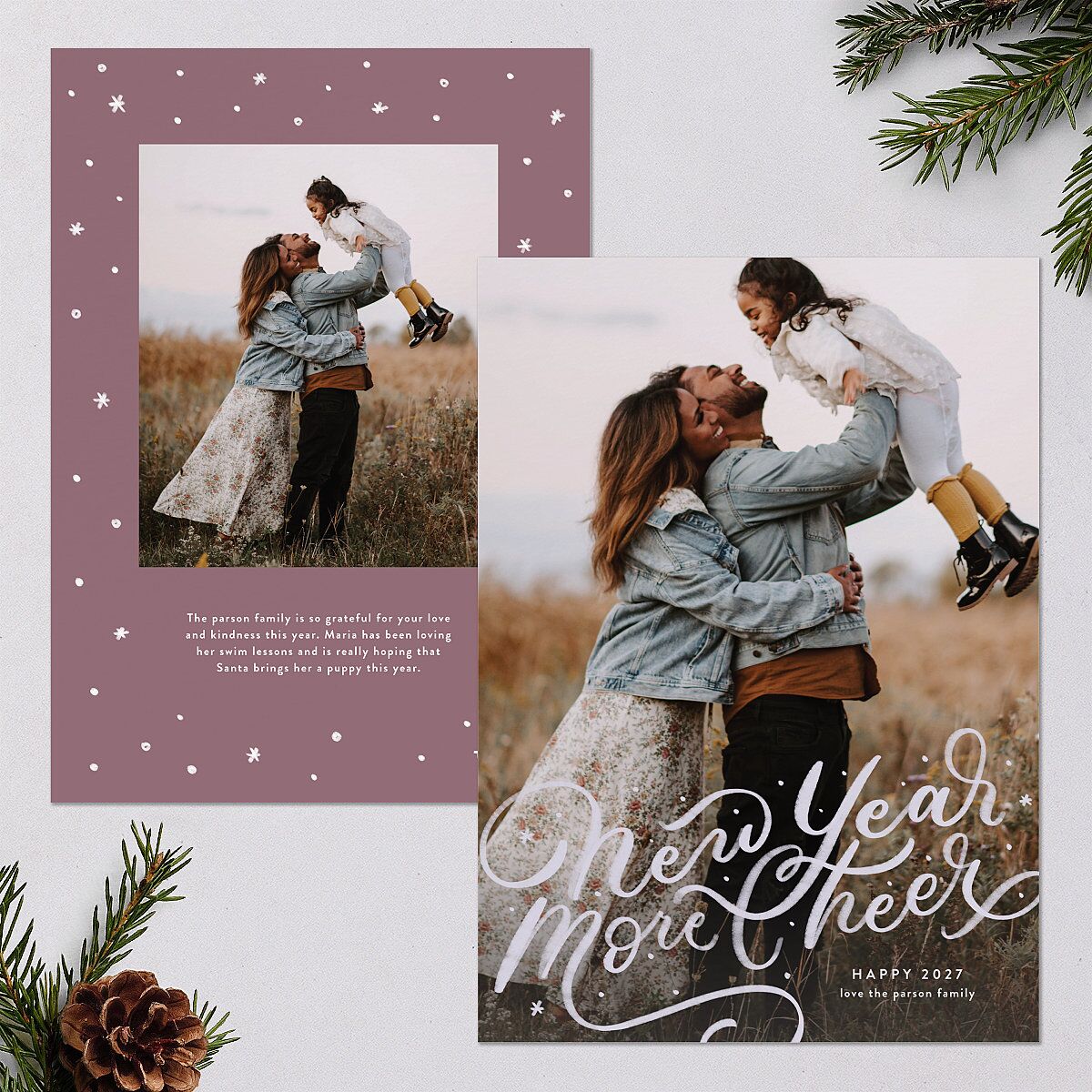 New Year More Cheer Holiday Cards Mauve Signature Blank Standard Portrait