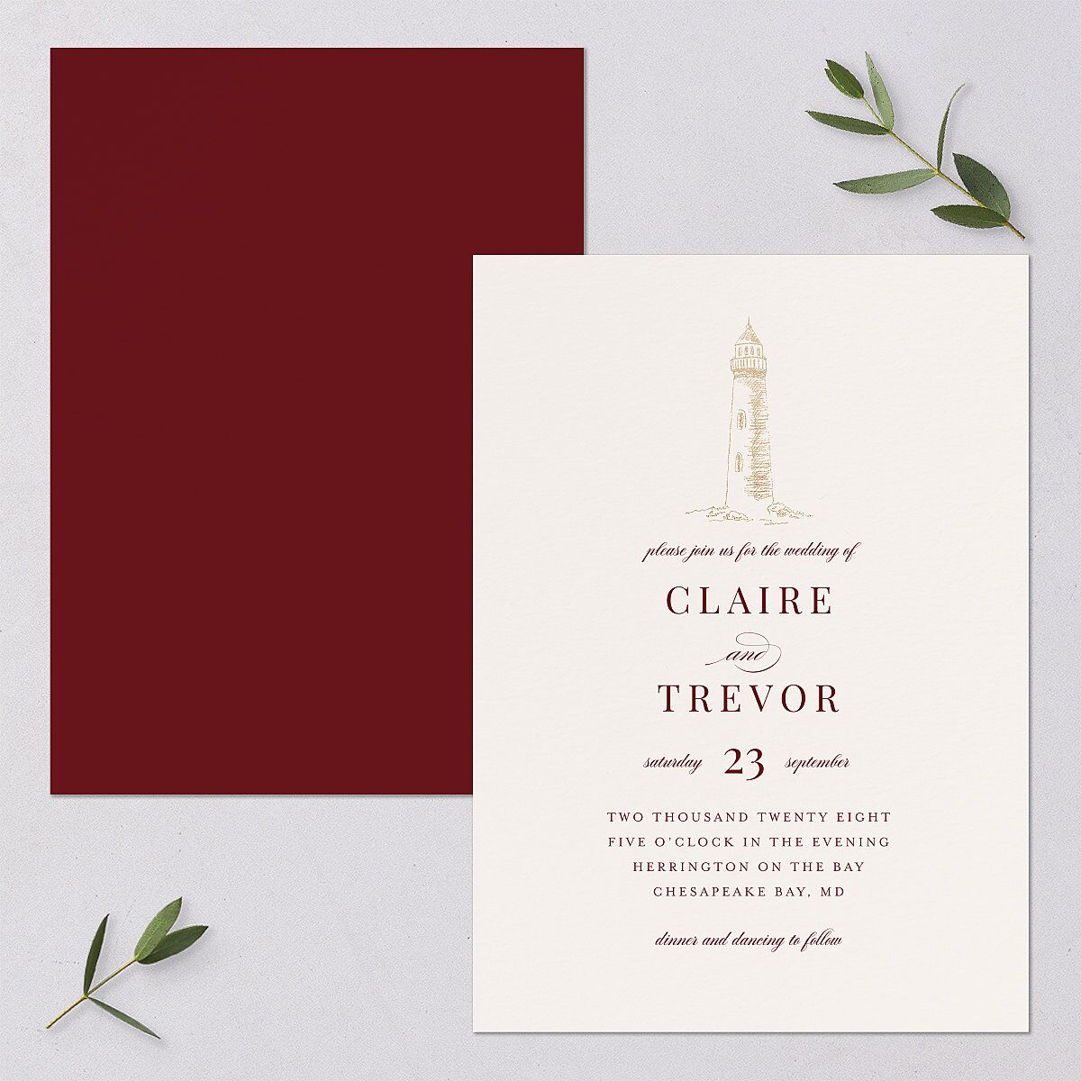 Elegant Lighthouse Foil Wedding Invitations Gold Maroon Signature Blank No Standard