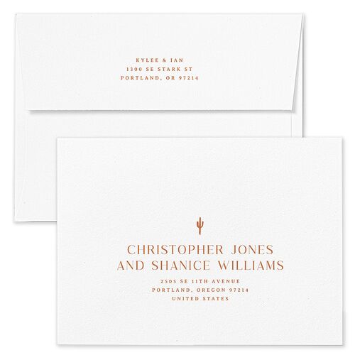 Western Desert Cactus Save The Date Card Envelopes Terracotta White Both Recipient and Return Addresses Signature Standard