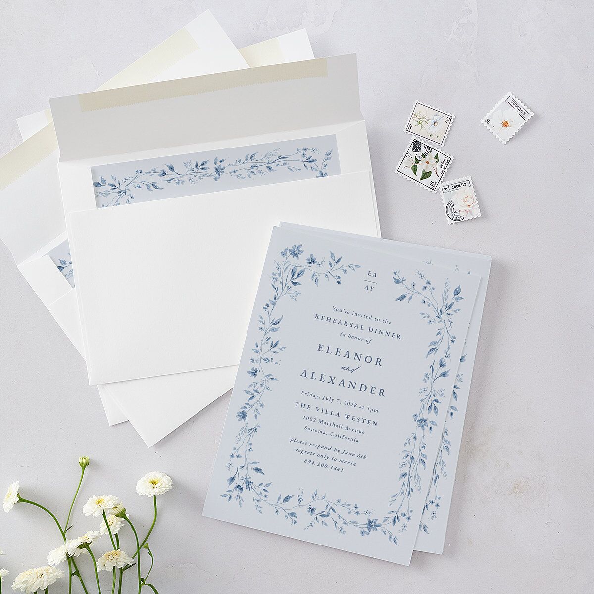 Timeless Floral Foil Rehearsal Dinner Invitations Dusty Blue Signature Blank