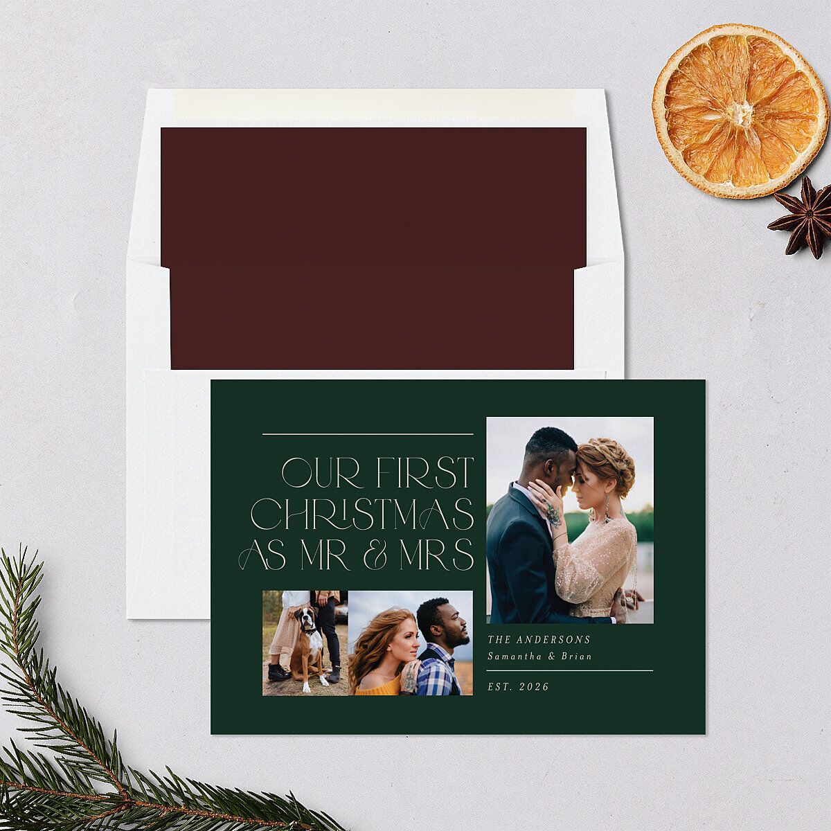 Mr. & Mrs. Holiday Cards Dark Green Signature Blank Standard Landscape