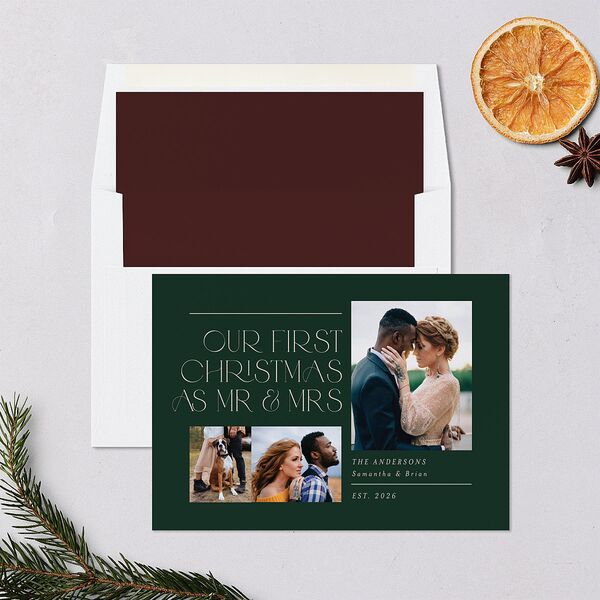 Mr. & Mrs. Holiday Cards Dark Green Signature Blank Standard Landscape