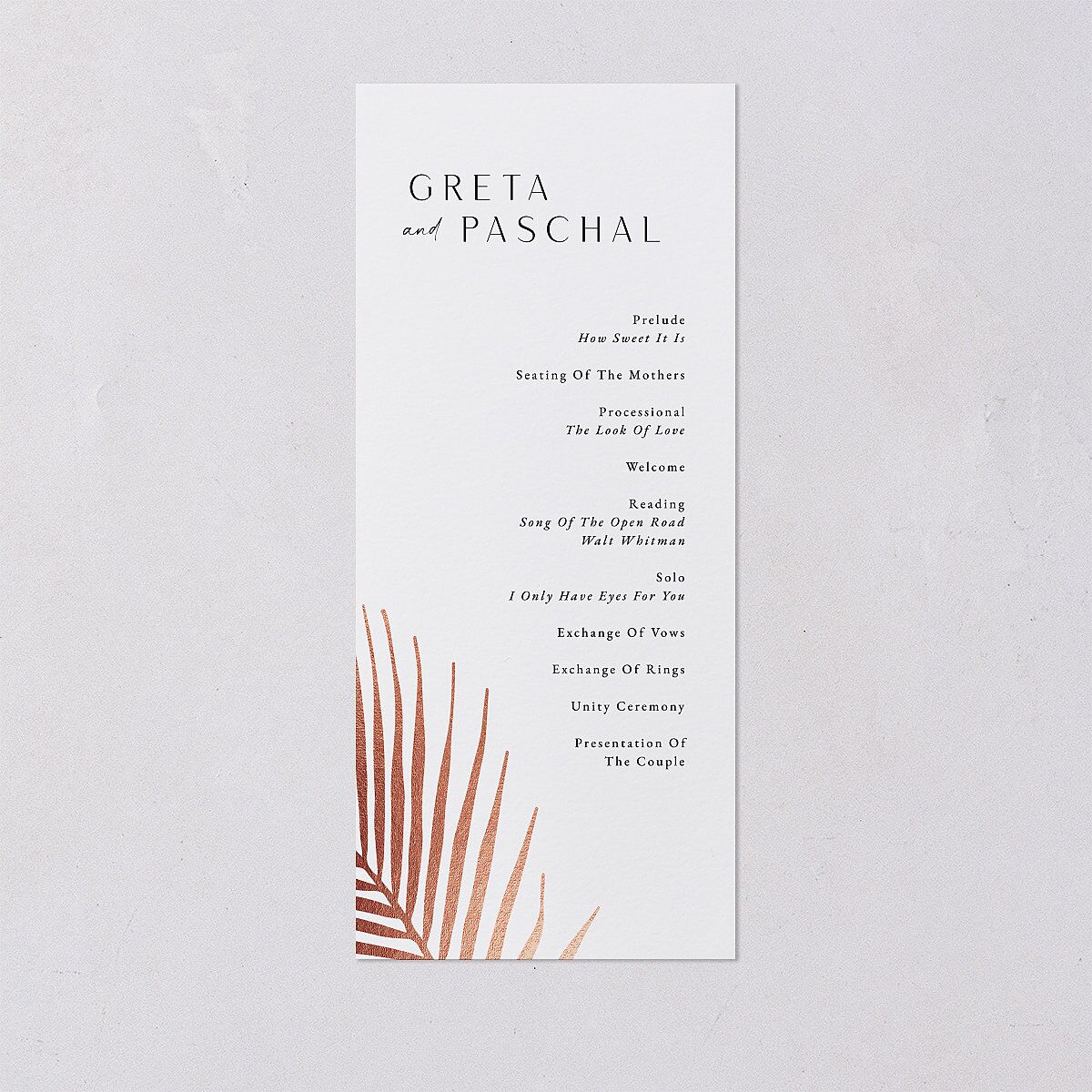 Lavish Palm Wedding Programs Rose Gold Pure White Signature