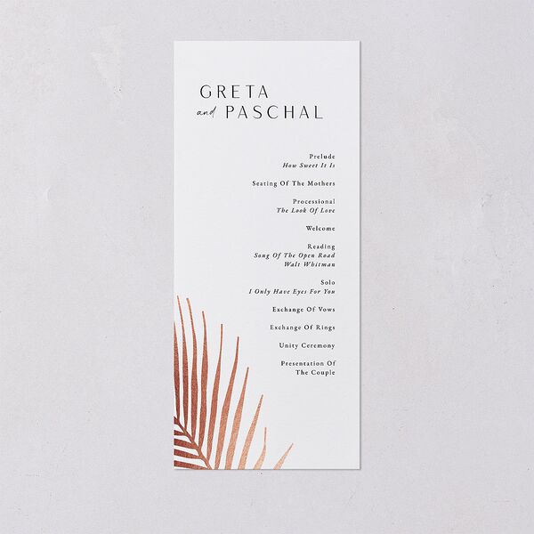 Lavish Palm Wedding Programs Rose Gold Pure White Signature