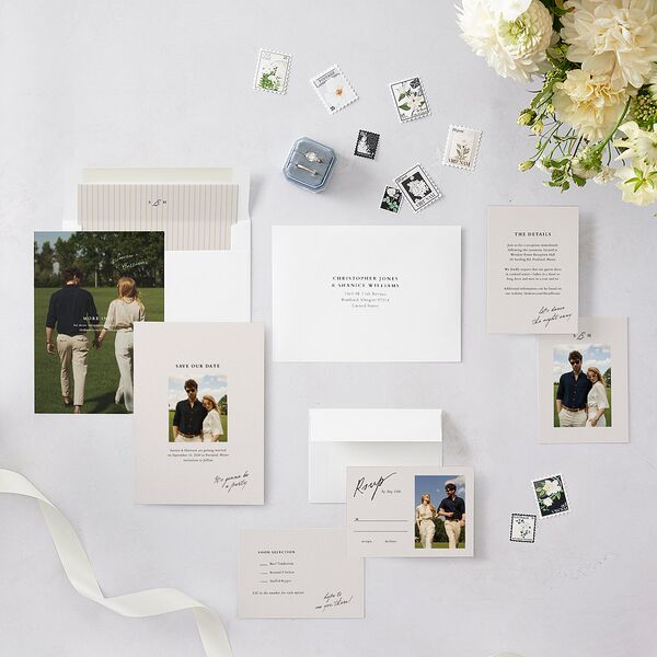 Elegant Editorial Page Save the Date Cards Champagne Signature smooth Blank No Standard
