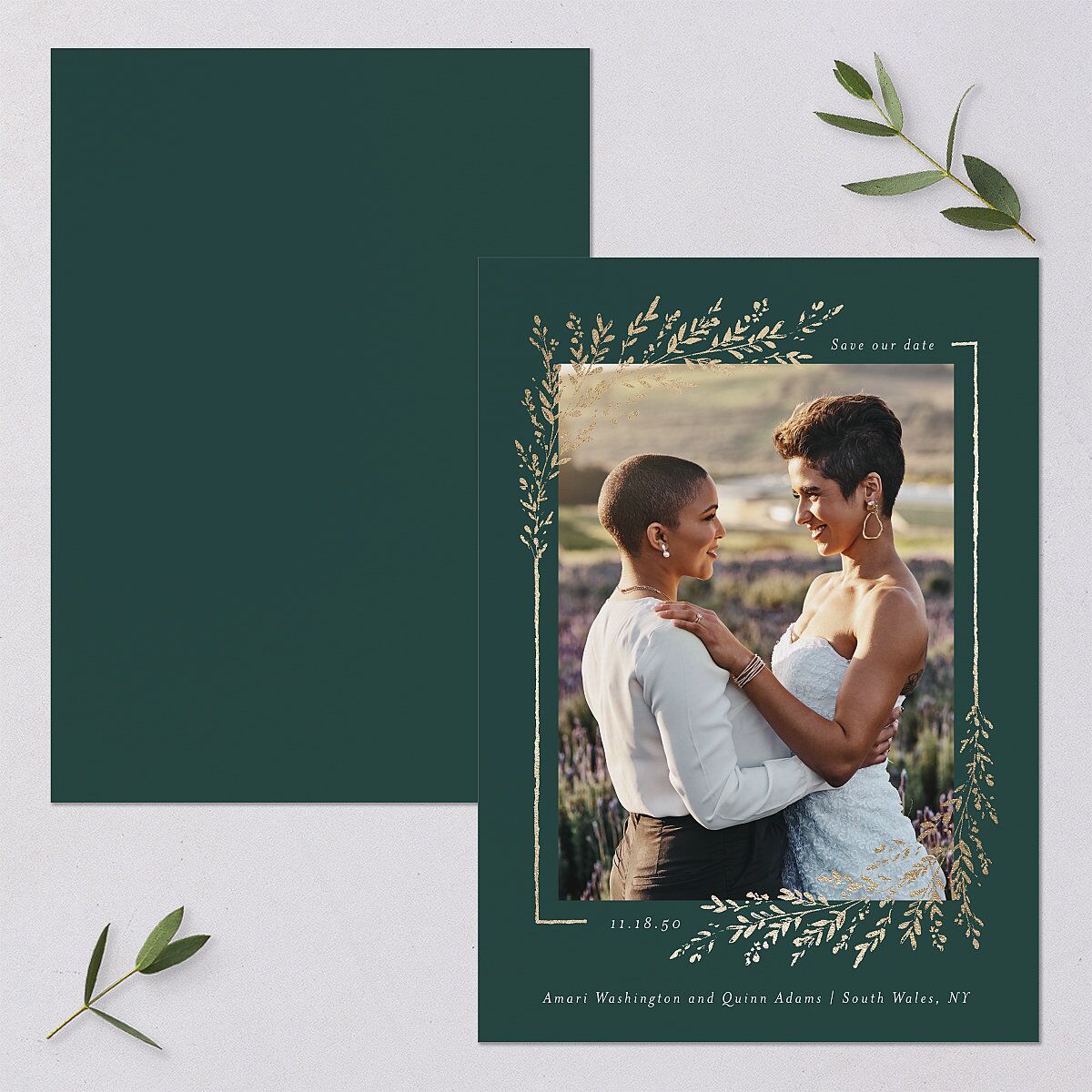 Exquisite Branches Botanical Save The Date Cards Gold Deep Lake Signature smooth Blank No Standard