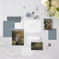 Classic Picture Photo Wedding Invitations Dusty Blue Signature Blank No Arch