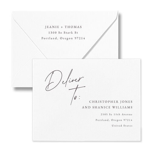 Gilded Corner Save the Date Magnet Euro Envelopes White Sheer Lilac Both Recipient and Return Addresses Luxe Signature