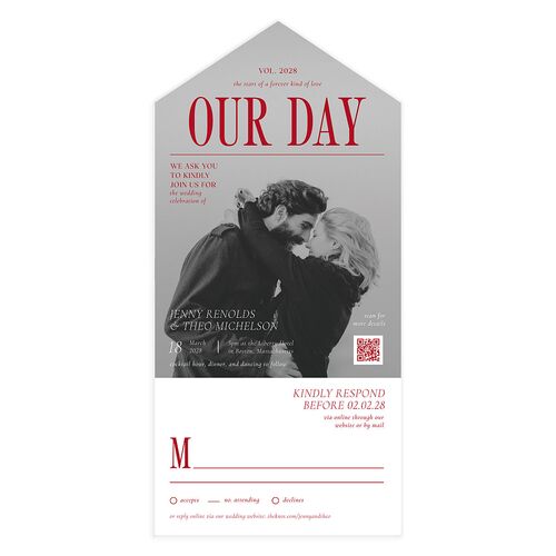 Magazine Cover All-in-One Wedding Invitations Scarlet Signature Light Both Recipient and Return Addresses No